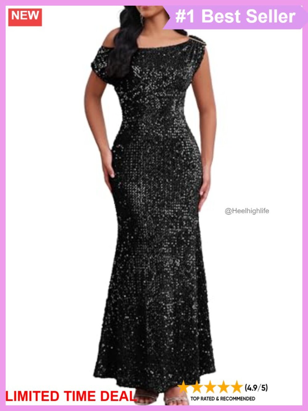 Sequin Mermaid Maxi Dress Oblique Shoulder Short Sleeve Party Gown